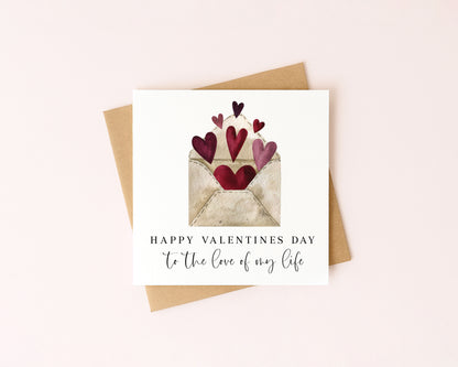 Valentines card, to the love of my life heart filled letter watercolour card with envelope