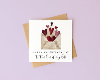 Valentines card, to the love of my life heart filled letter watercolour card with envelope