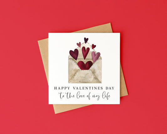 Valentines card, to the love of my life heart filled letter watercolour card with envelope