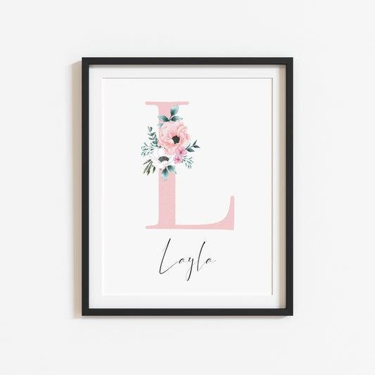 Personalised initial name print, pink watercolour floral initial illustration nursery unframed print