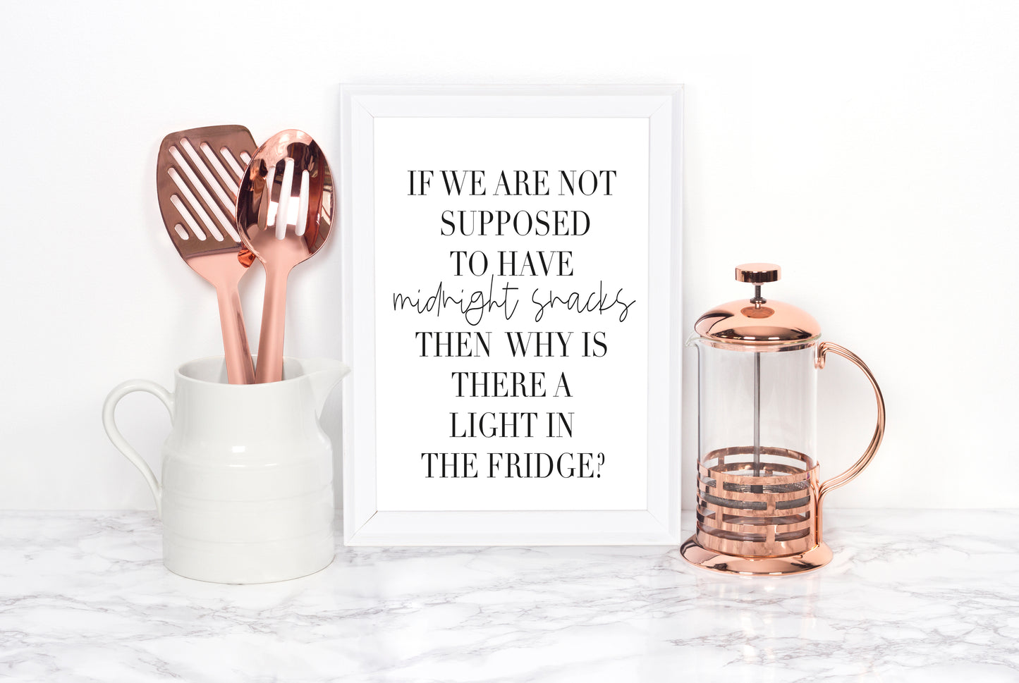 If we are not supposed to have midnight snacks, why is there a light on in the fridge? kitchen food home sign unframed wall art poster print