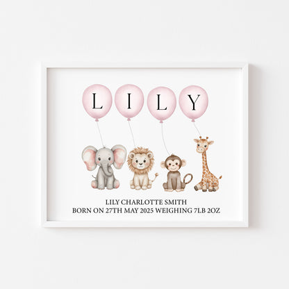Personalised Safari Animals Nursery Print Pink Balloons, Birth Details unframed wall art poster print