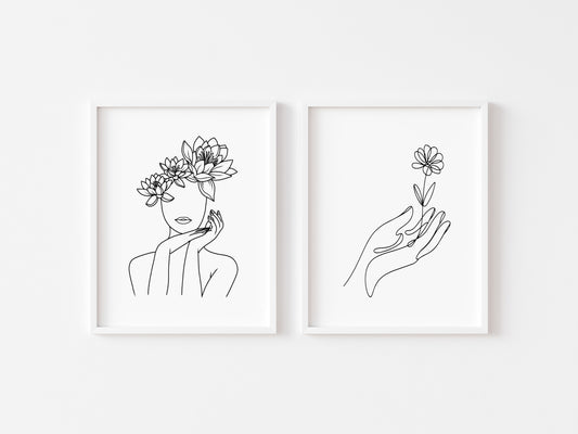 Women's floral line art drawing set of 2 bedroom dressing room unframed wall art