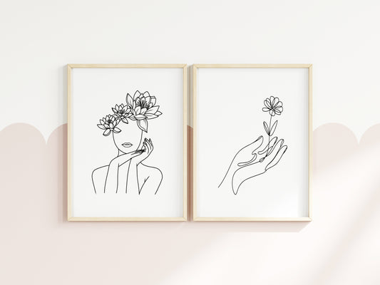 Women's floral line art drawing set of 2 bedroom dressing room unframed wall art