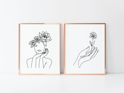 Women's floral line art drawing set of 2 bedroom dressing room unframed wall art