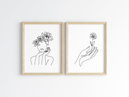 Women's floral line art drawing set of 2 bedroom dressing room unframed wall art