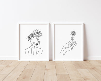 Women's floral line art drawing set of 2 bedroom dressing room unframed wall art
