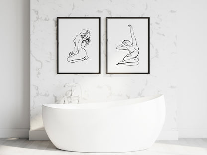 Set of 2 women line drawing bathroom/bedroom simplistic unframed wall art poster prints