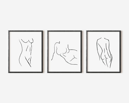 Set of 3 bathroom bedroom line drawing body line unframed wall art poster prints, line body drawing, line women bodies, bathroom art decor