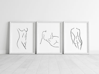 Set of 3 bathroom bedroom line drawing body line unframed wall art poster prints, line body drawing, line women bodies, bathroom art decor