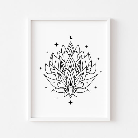 Lotus flower magic celestial magical moon phases sparkle motivational bedroom office unframed wall art print, gift ideas, magical wall art