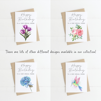 Happy Birthday purple, yellow and blue wildflower seasonal floral bouquet watercolour style birthday card with envelope,kraft brown or white