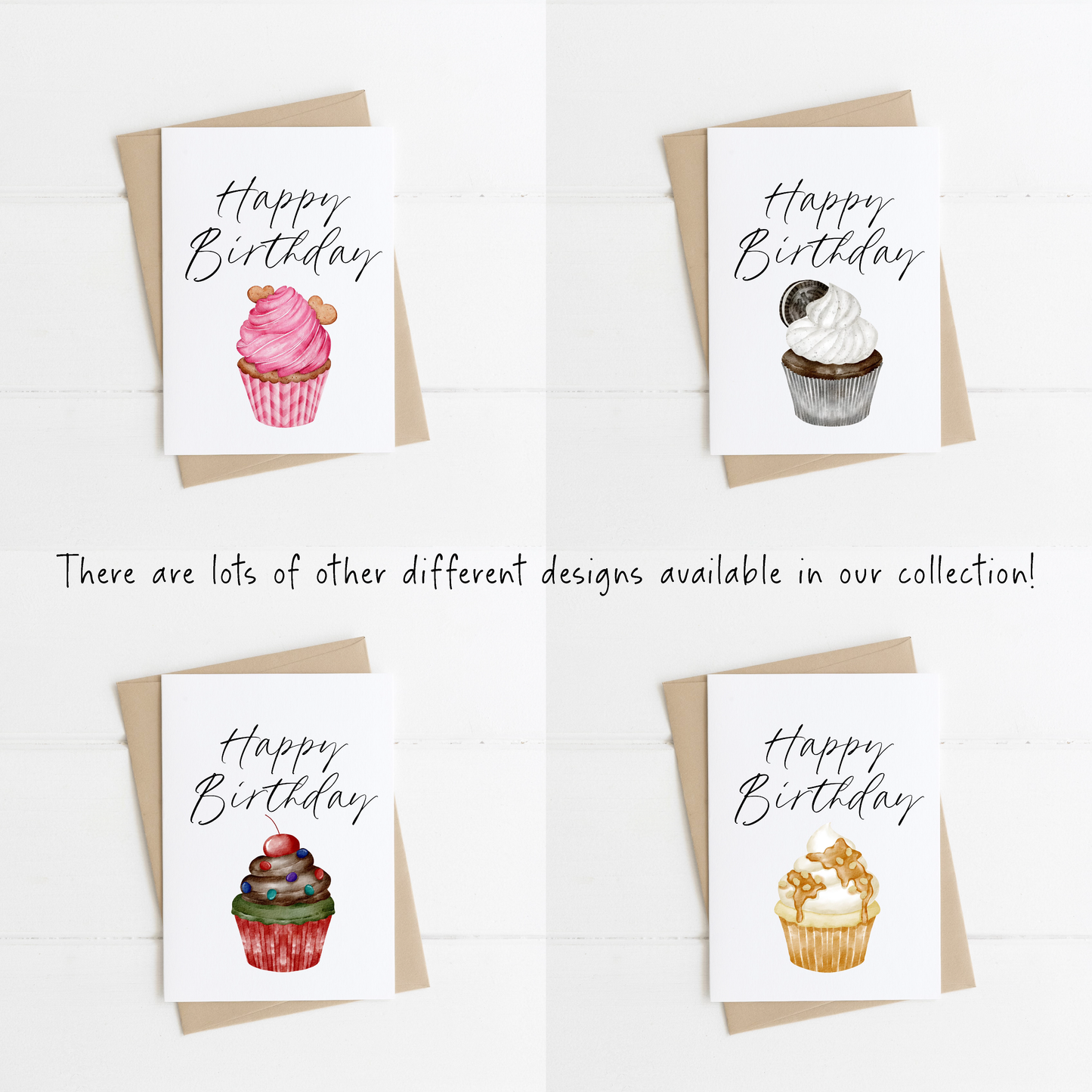 Happy birthday card, cute cherry topped cupcake neutral birthday card, watercolour style illustration with envelope,kraft brown or white