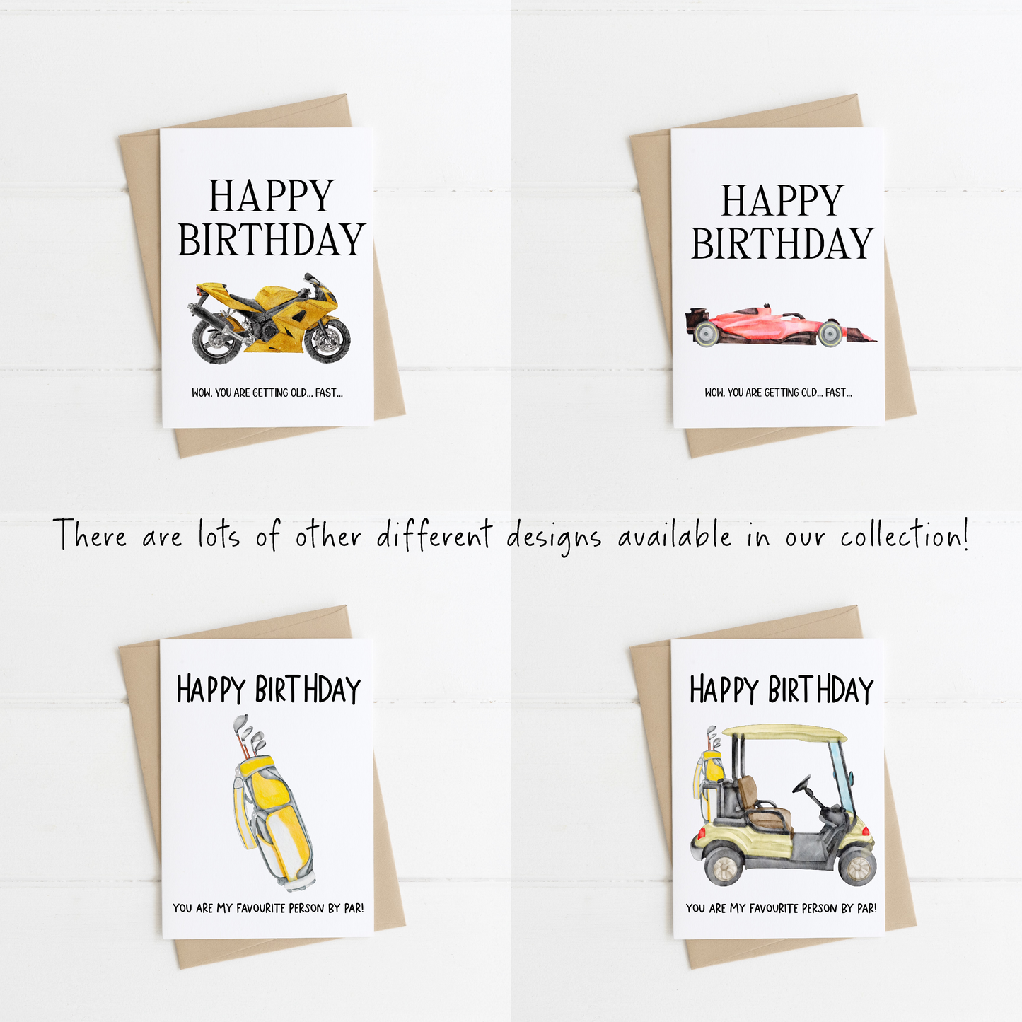 Happy birthday, wow you are getting old fast, funny yellow motorbike watercolour style card with envelope,kraft brown or white