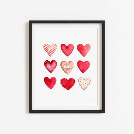 Valentines day print, red and pink watercolour hearts home unframed wall art