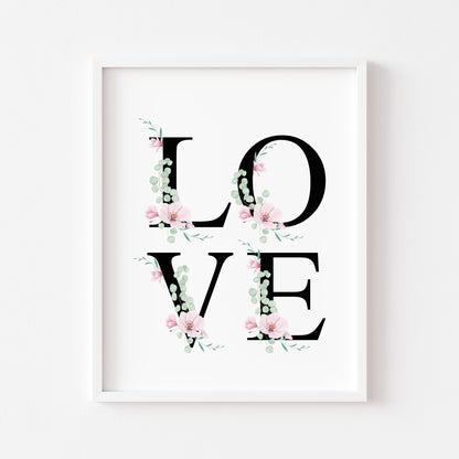 Home print, Love letters black and pink magnolia floral home bedroom unframed wall art poster print