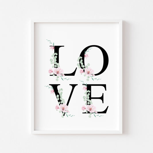 Home print, Love letters black and pink magnolia floral home bedroom unframed wall art poster print