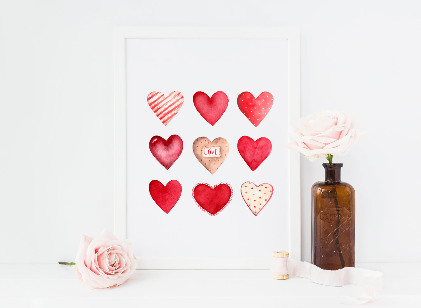 Valentines day print, red and pink watercolour love hearts cute unframed wall art poster print