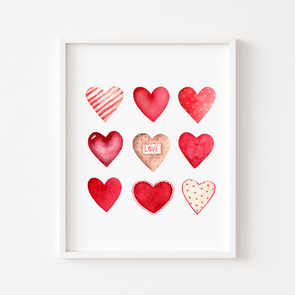 Valentines day print, red and pink watercolour love hearts cute unframed wall art poster print