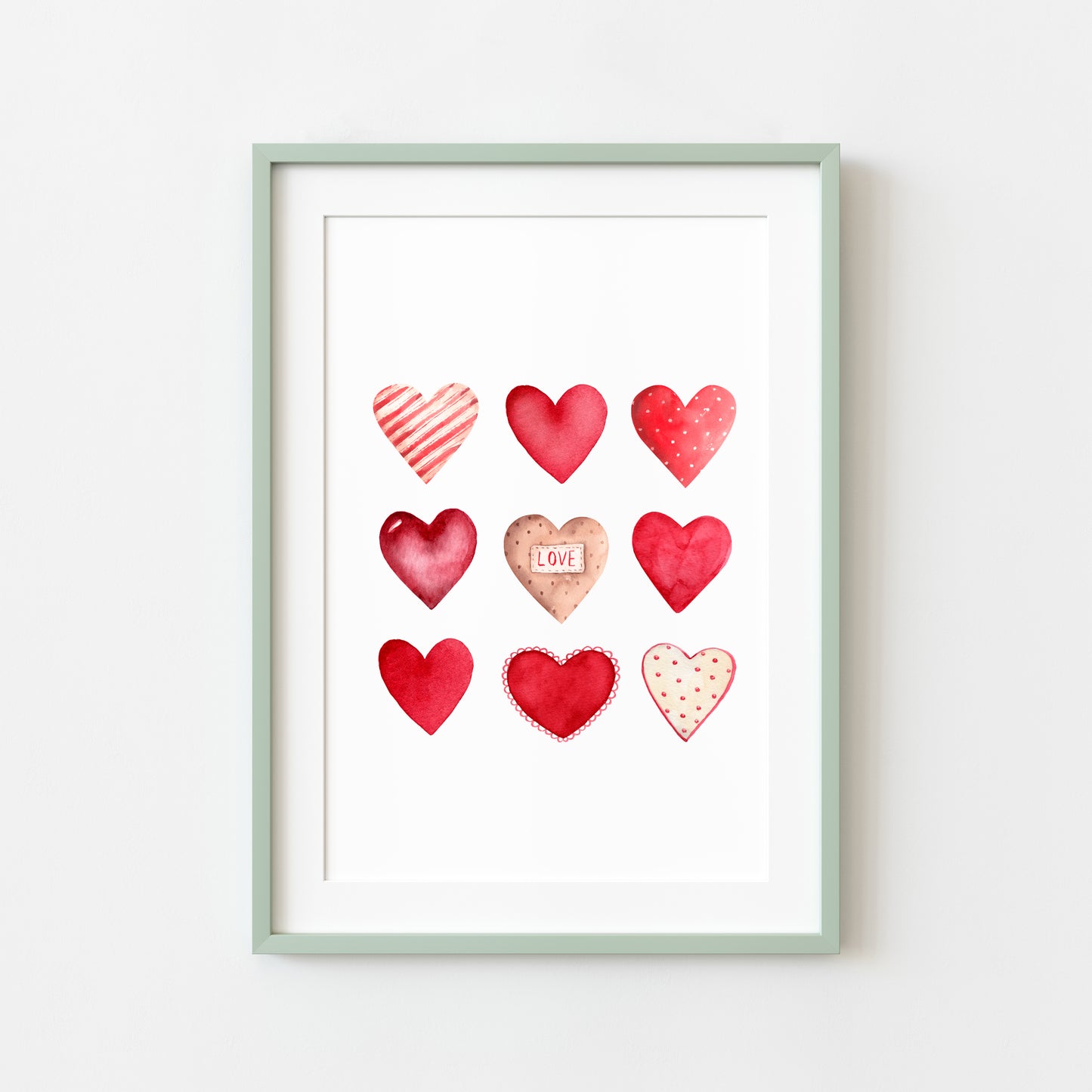 Valentines day print, red and pink watercolour love hearts cute unframed wall art poster print