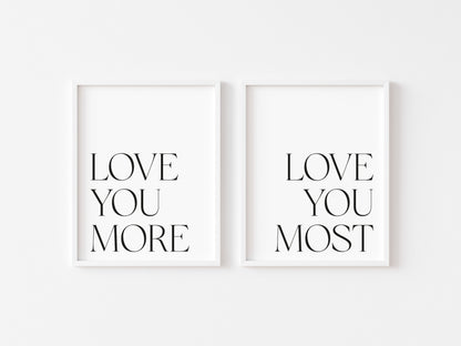 Love You More, Bedroom typography Print Set, Minimalist Couple Wall Art (unframed)