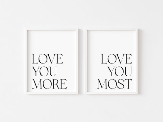 Love You More, Bedroom typography Print Set, Minimalist Couple Wall Art (unframed)