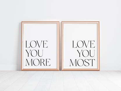 Love You More, Bedroom typography Print Set, Minimalist Couple Wall Art (unframed)