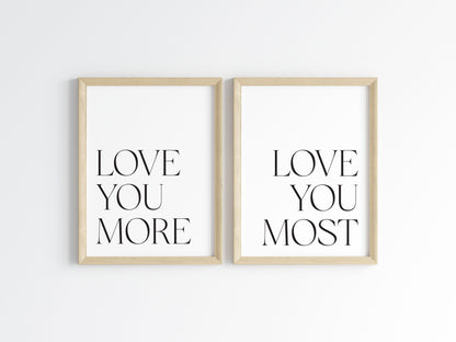 Love You More, Bedroom typography Print Set, Minimalist Couple Wall Art (unframed)