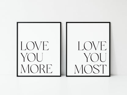 Love You More, Bedroom typography Print Set, Minimalist Couple Wall Art (unframed)