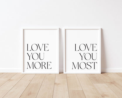 Love You More, Bedroom typography Print Set, Minimalist Couple Wall Art (unframed)