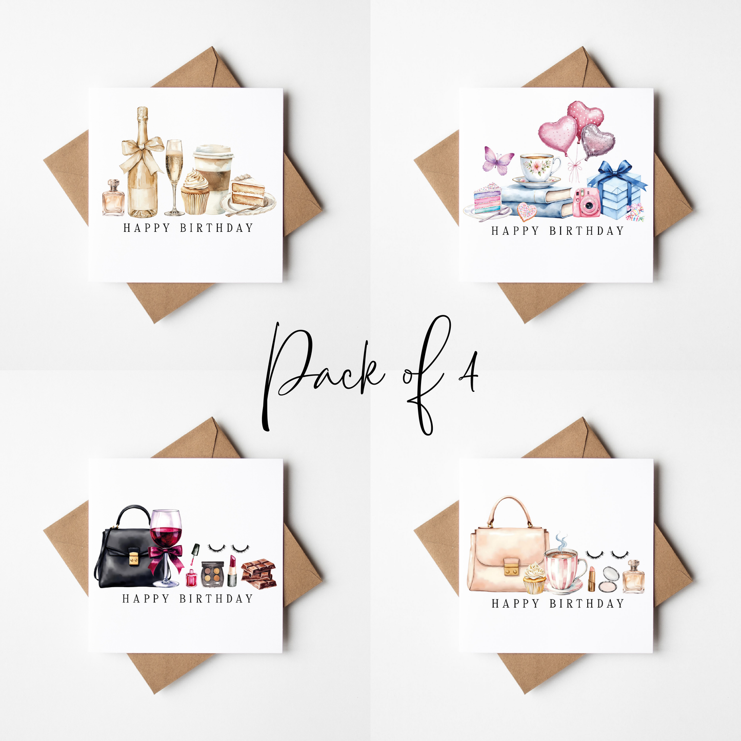 Luxury Birthday Cards Pack of 4 - Chic Fashion watercolour set with envelopes