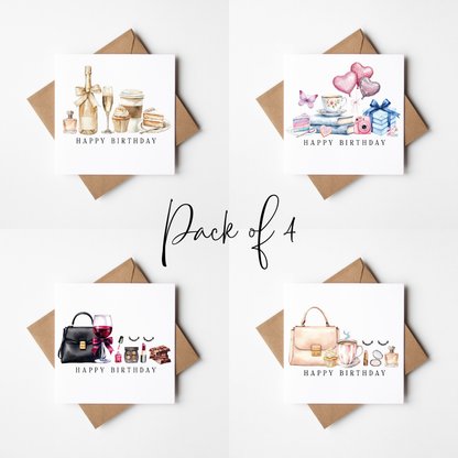 Luxury Birthday Cards Pack of 4 - Chic Fashion watercolour set with envelopes