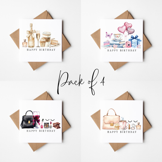 Luxury Birthday Cards Pack of 4 - Chic Fashion watercolour set with envelopes
