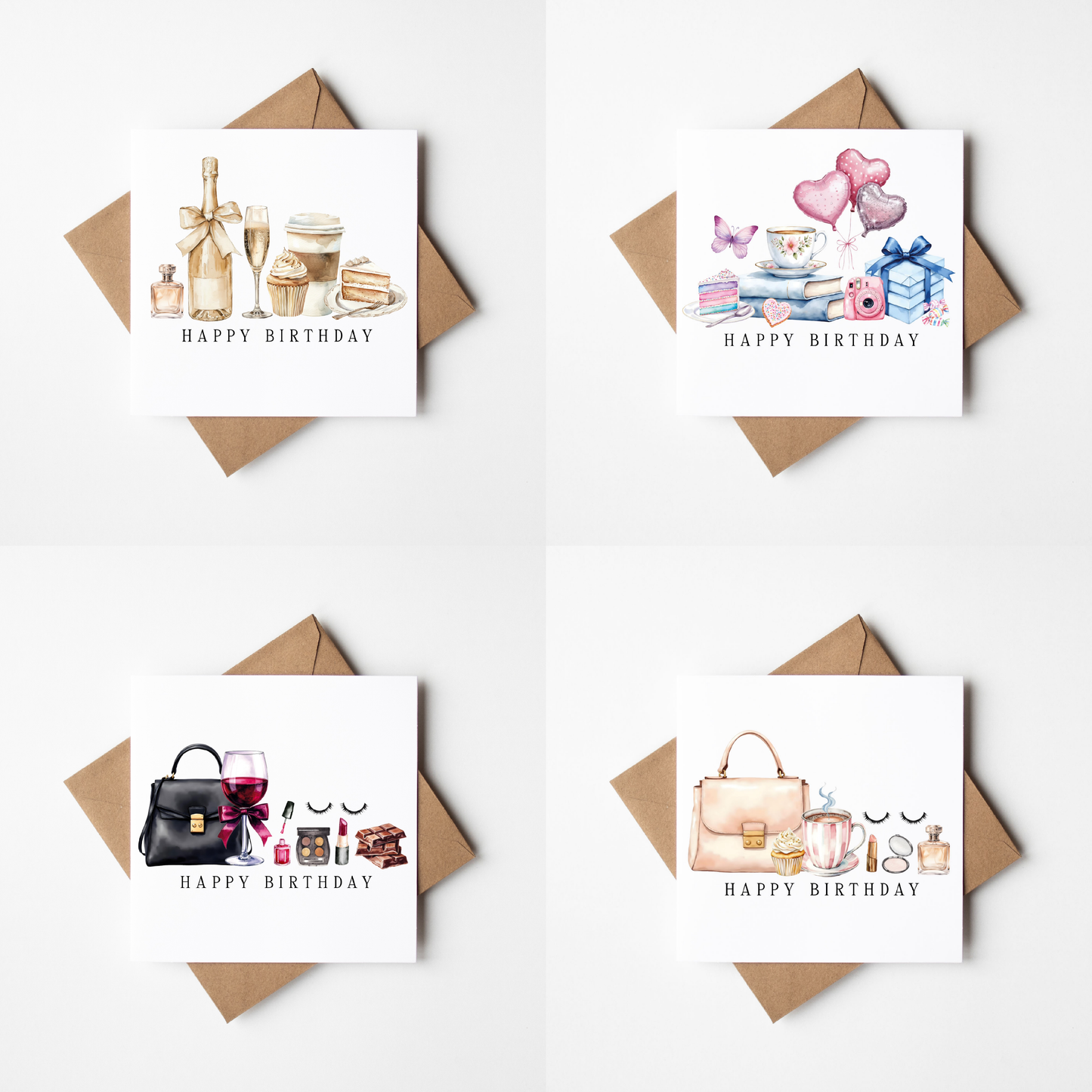 Luxury Birthday Cards Pack of 4 - Chic Fashion watercolour set with envelopes