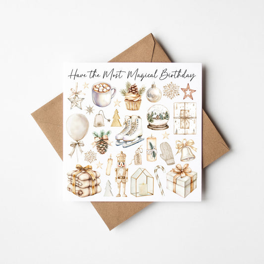 Christmas Birthday Card Beige Winter seasonal Theme with envelope