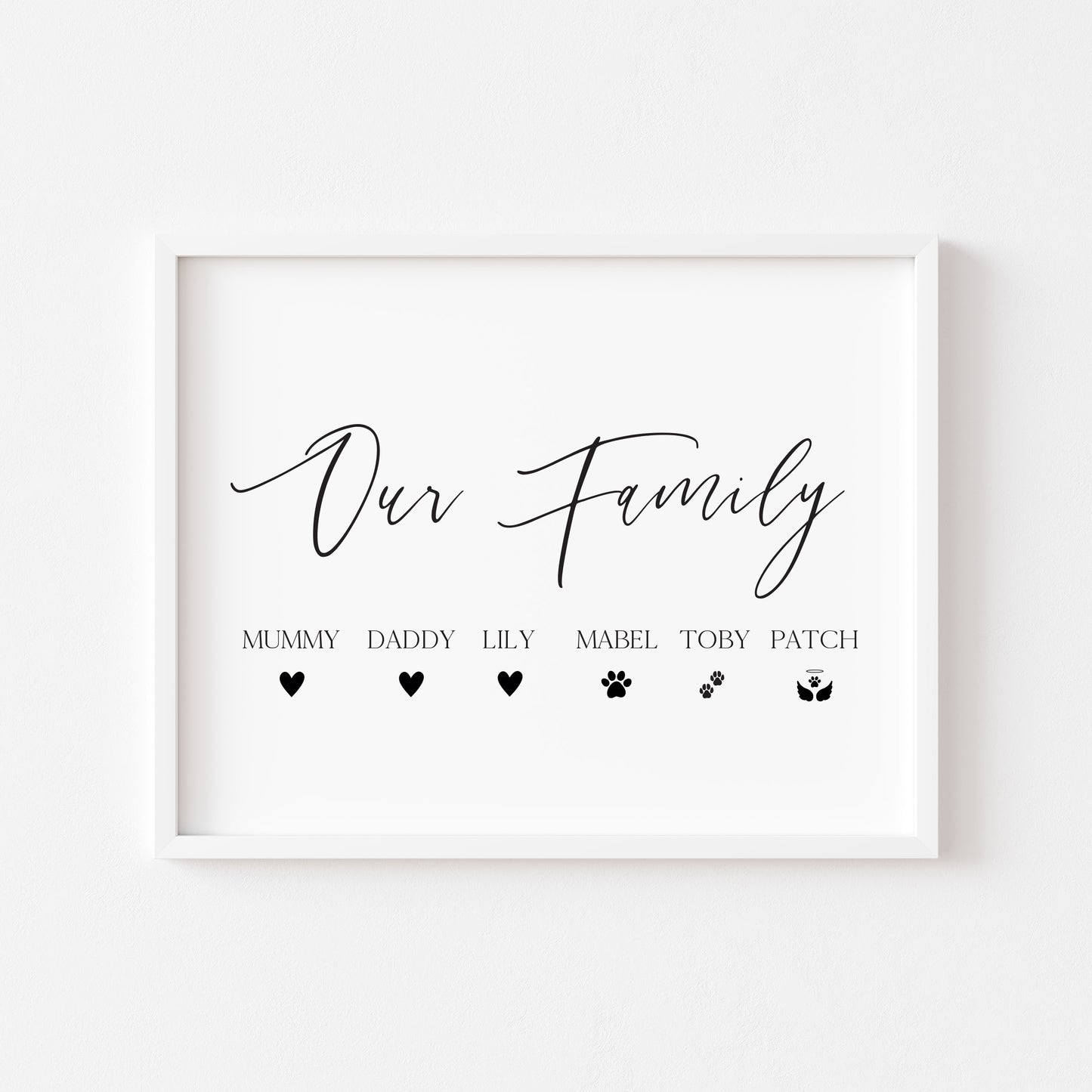 Our family personalised with names and hearts paw prints family home unframed wall art poster print