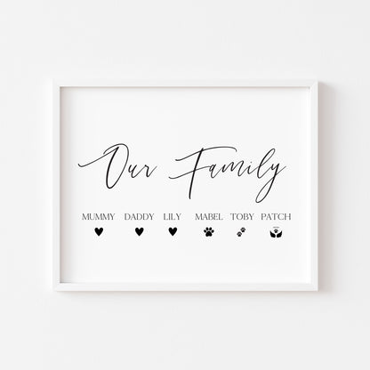Our family personalised with names and hearts paw prints family home unframed wall art poster print
