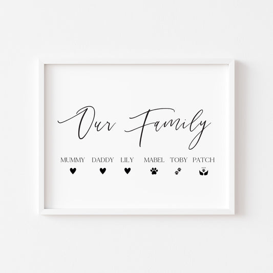 Our family personalised with names and hearts paw prints family home unframed wall art poster print