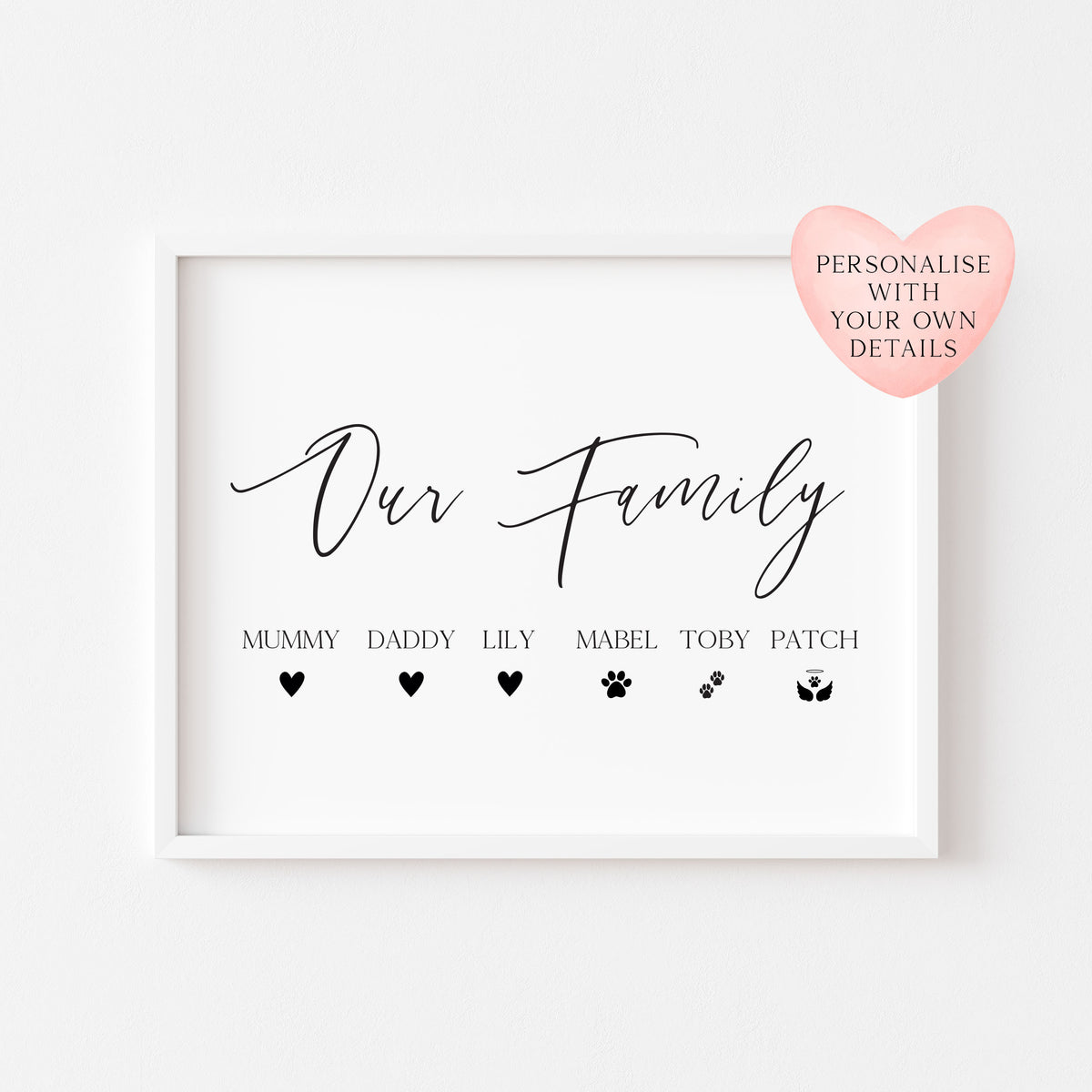 Our family personalised with names and hearts paw prints family home unframed wall art poster print