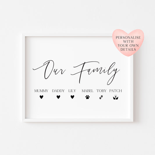 Our family personalised with names and hearts paw prints family home unframed wall art poster print