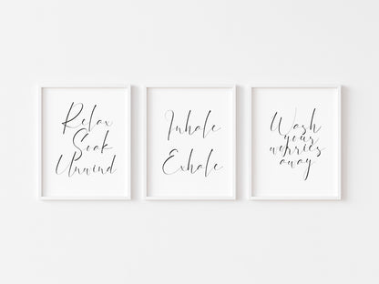 Set of 3 bathroom prints, relax soak unwind inhale exhale bathroom washroom unframed wall art poster prints