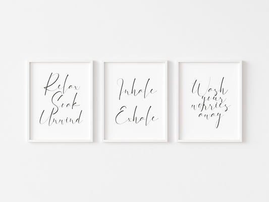 Set of 3 bathroom prints, relax soak unwind inhale exhale bathroom washroom unframed wall art poster prints