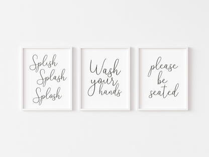 Set of 3 bathroom prints, Splish splash splosh, wash your hands, please be seated unframed wall art posterprints