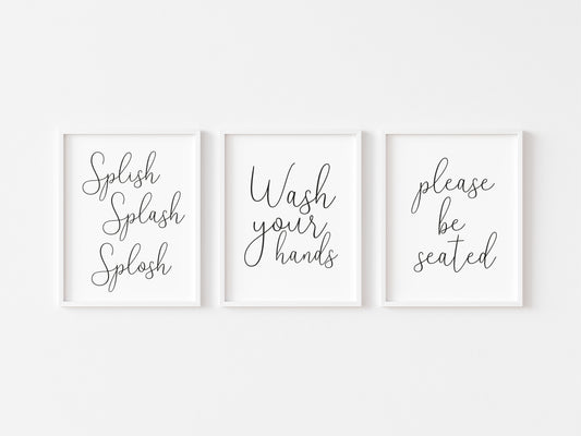 Set of 3 bathroom prints, Splish splash splosh, wash your hands, please be seated unframed wall art posterprints