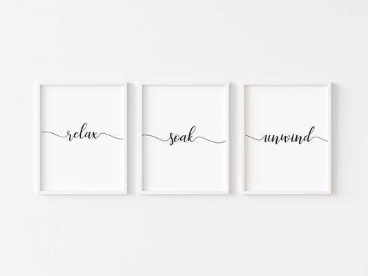 Set of 3 bathroom prints swirly relax soak unwind borderless set wall art poster unframed prints