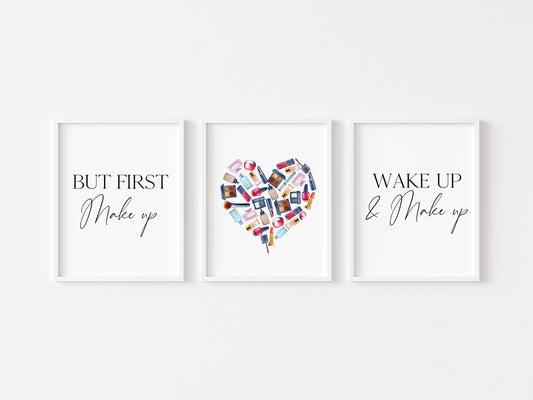 Set of 3 make up prints, but first make up, heart, wake up & make up bedroom fashion dressing room unframed wall art poster prints