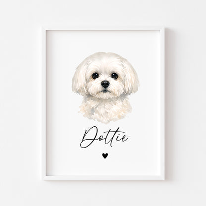 Personalised Maltese Dog Print Custom Name Pet portrait watercolour unframed wall art