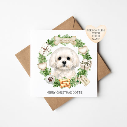 Personalised Dog Christmas card, Maltese custom pet name xmas card with envelope