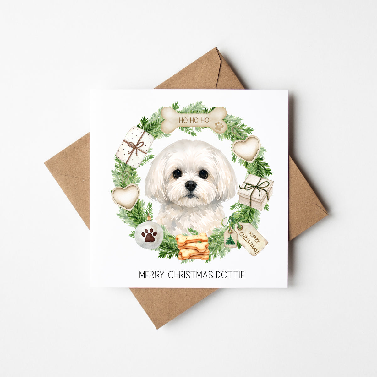 Personalised Dog Christmas card, Maltese custom pet name xmas card with envelope