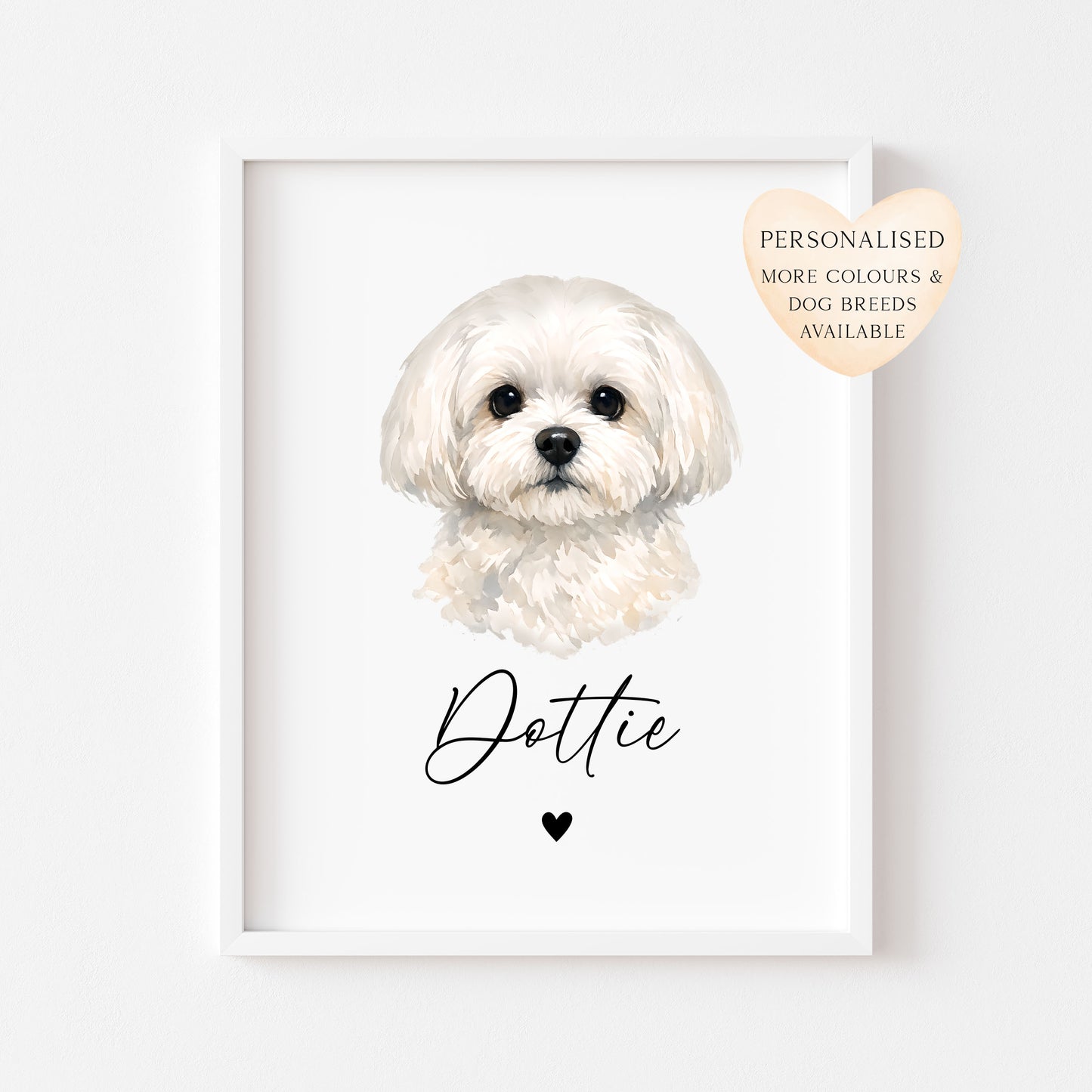Personalised Maltese Dog Print Custom Name Pet portrait watercolour unframed wall art